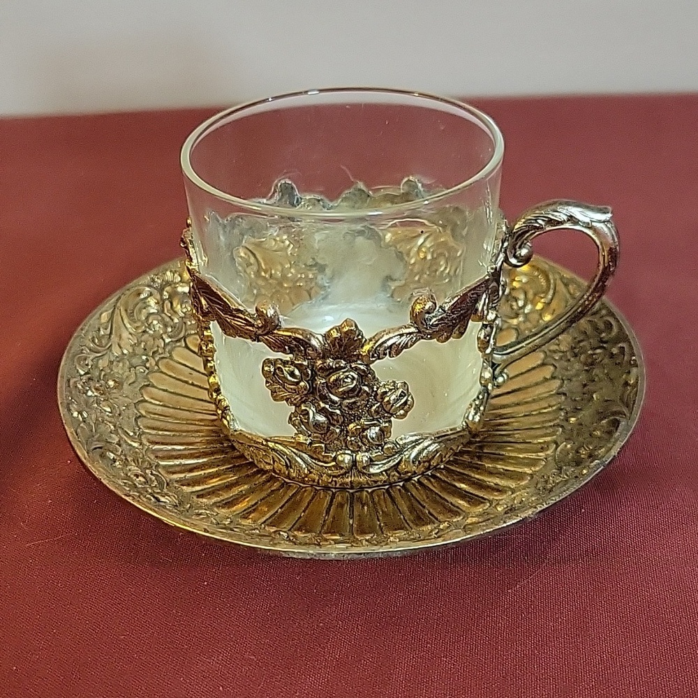 Vtg David Orgell Glass Demitasse Cup in Metal Holder & Metal Saucer Gold Plated